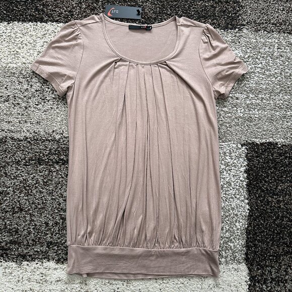 DJT FASHION (M) Warm Taupe Brown Pleated Tee Scoop Blouson Loose Top Coffee Tan - Picture 1 of 11